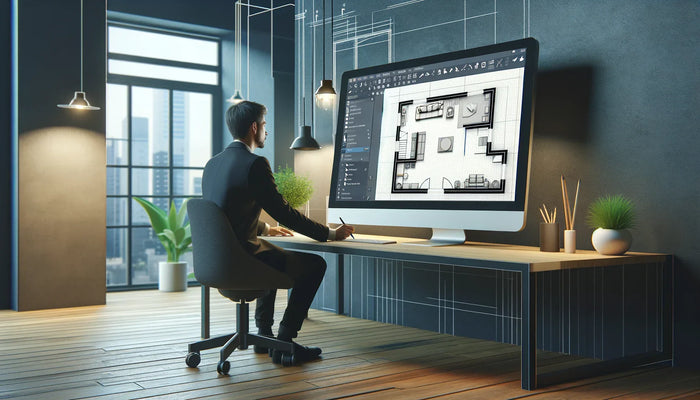 A sleek black-framed monitor displaying detailed architectural floor plans for advanced floor planning software in 2026.