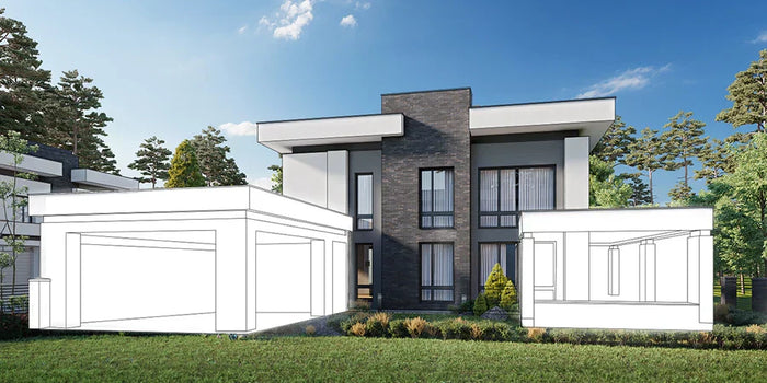 Modern two-story house with dark gray stone facade and white accents featured in a site plan rendering guide