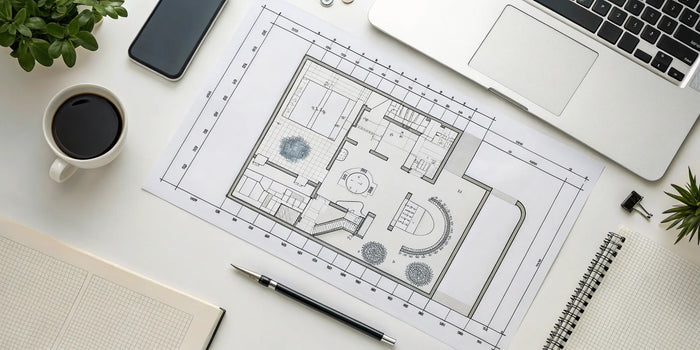 A detailed construction site plan drawing laid out on a desk for review.