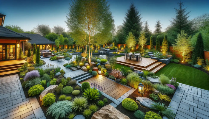 Lush garden with native plants and colorful flowers around stone pathways demonstrating expert landscape design.