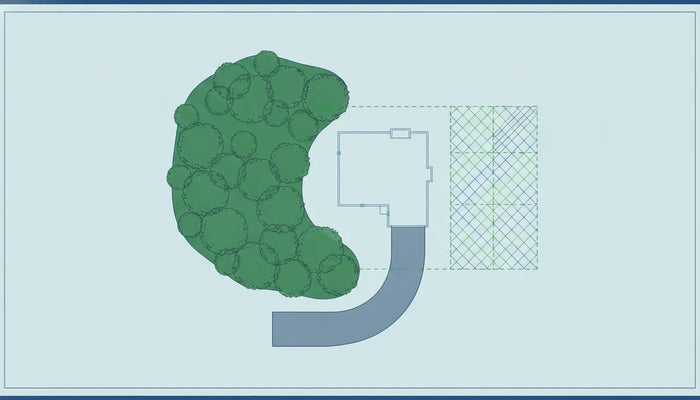 Top-down view of a tree protection area near a home project
