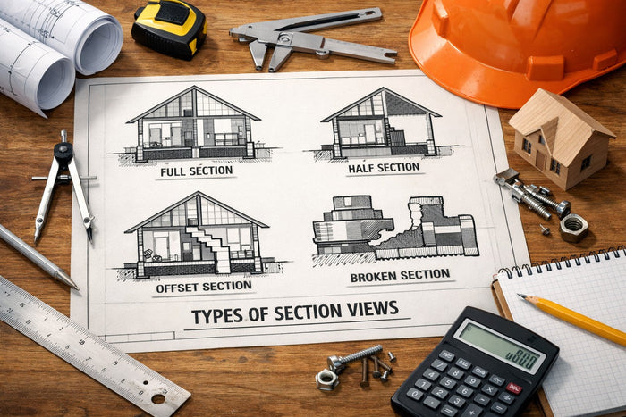 Close-up photograph of an architectural section view drawing, with a pen and ruler