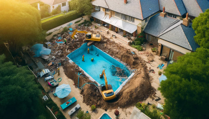 Blue rectangular swimming pool under construction with yellow excavators and workers using a site plan for demolition