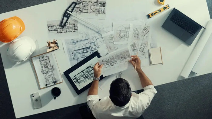 A person in a white shirt examines detailed architectural blueprints highlighting elevation drawings and floor levels.