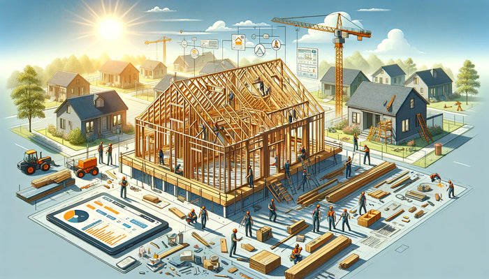 A detailed illustration of a wooden house framing with exposed beams showing framing costs per square foot in 2026