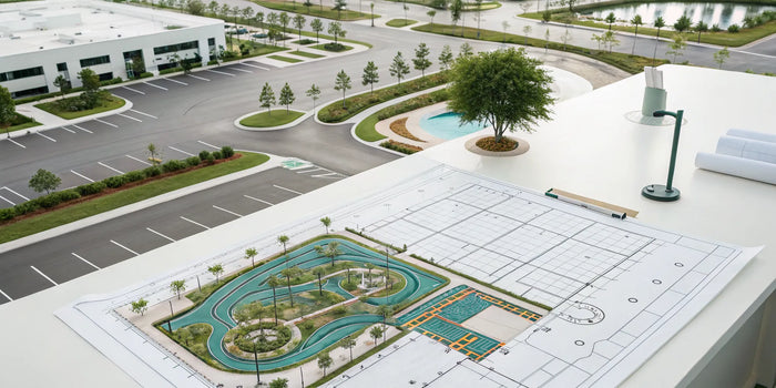 Commercial site plan with key features that determine the overall cost.
