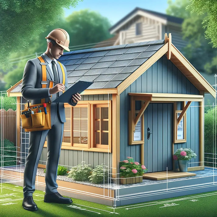 Blue wooden shed with gray shingled roof and light wood trim illustrating local building codes and building permit importance