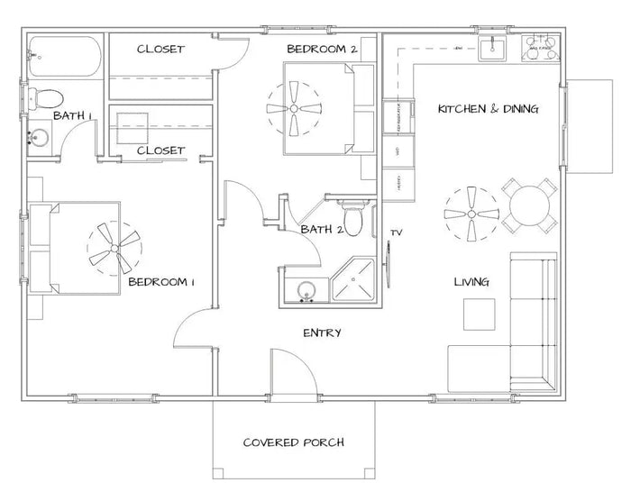 Black-and-white architectural floor plan of two-bedroom apartment layout illustrating local zoning and site plan concepts