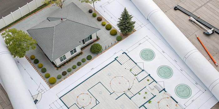 A site plan for a fence installation with a house model and property lines for a permit.
