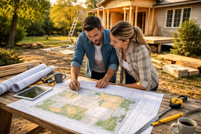 Man wearing a blue denim jacket illustrating site plan concepts in an article about property site plans and plot plans