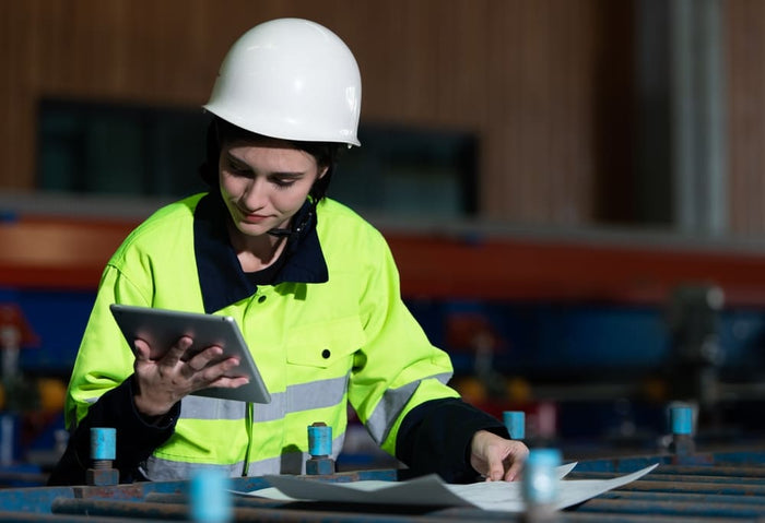 A woman in a white hard hat and yellow safety vest uses a tablet for accurate construction takeoff methods.