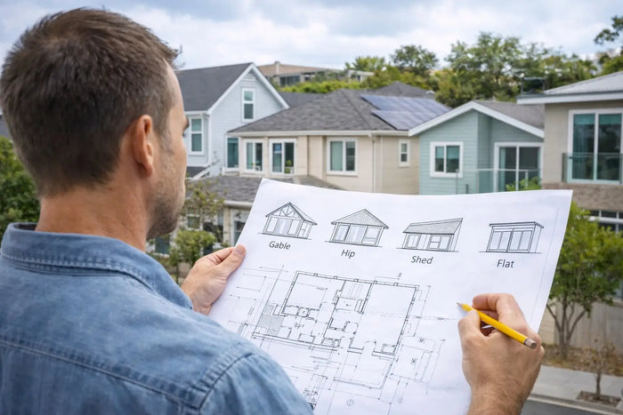 Blueprint paper showing architectural floor plans and roof line diagrams including gable and hip for new roof design.