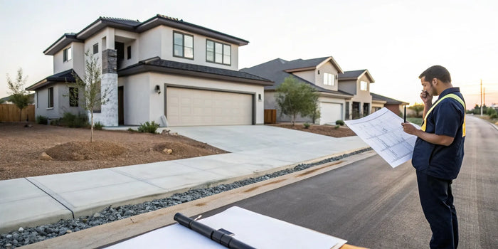 Contractor reviewing plans for a new driveway permit at a construction site.