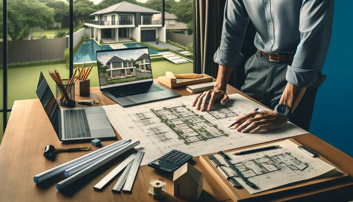 Architectural blueprint site plan with precise lines and labeled sections on wooden desk for building permit and zoning regulations