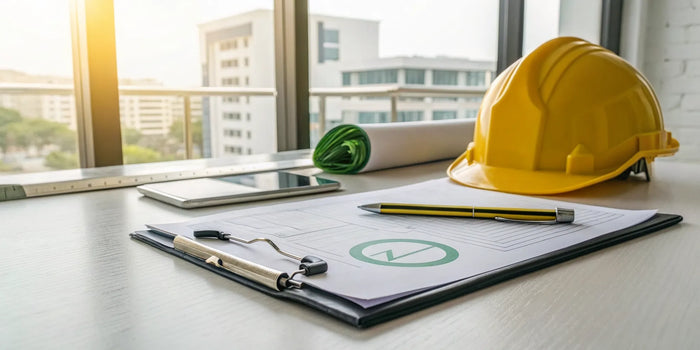 A roofing permit application and blueprints laid out on a desk with a hard hat.