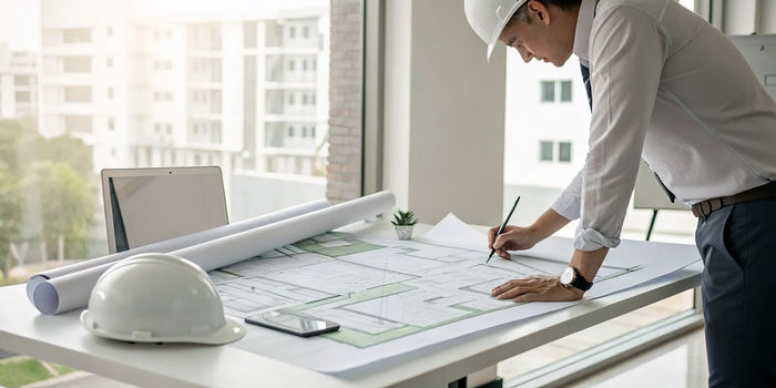 Certified drafter creating site plans with blueprints and a laptop.