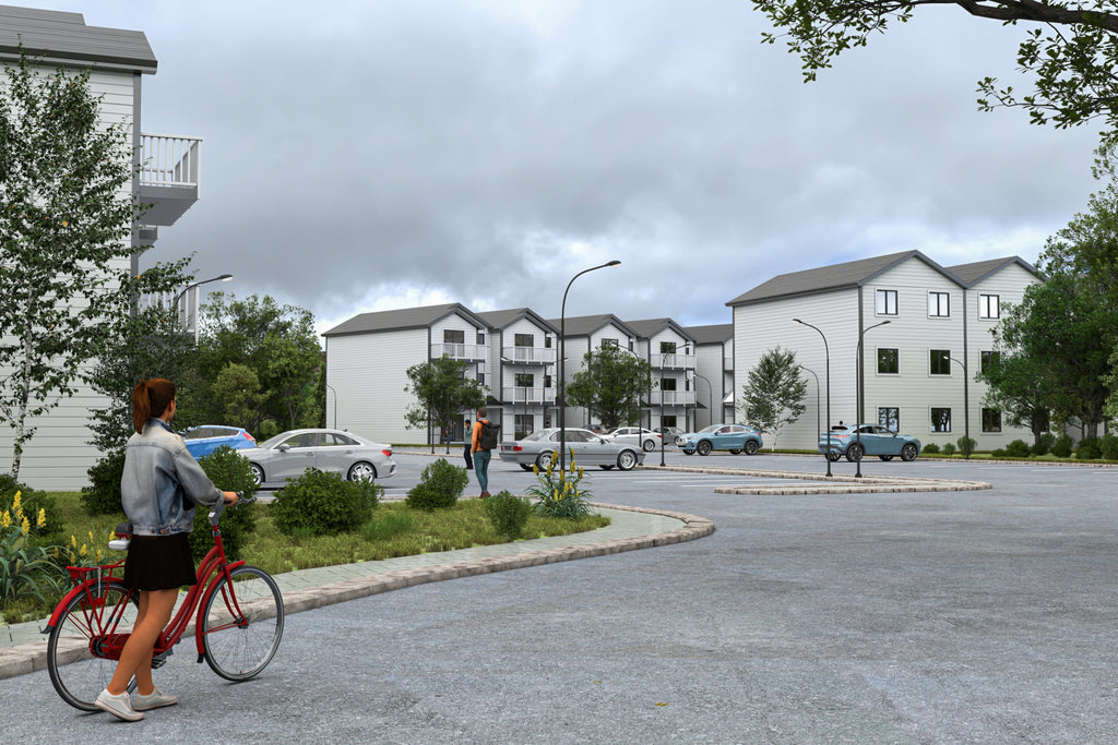 Image of photorealistic 3d architectural renderings of an apartment complex exterior.