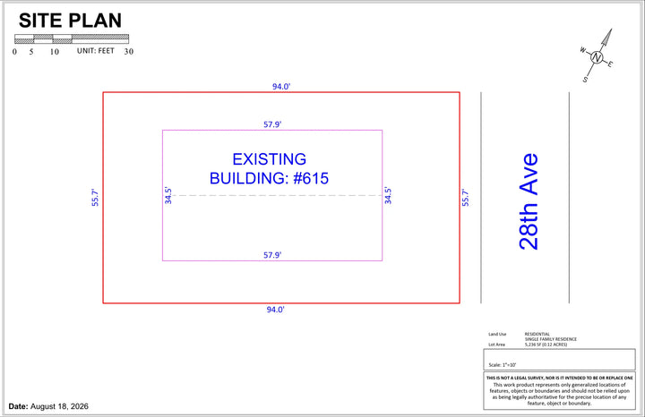 Site plan for existing building 615 with red and purple boundary lines on 28th ave in basic plot plan draft site plan online