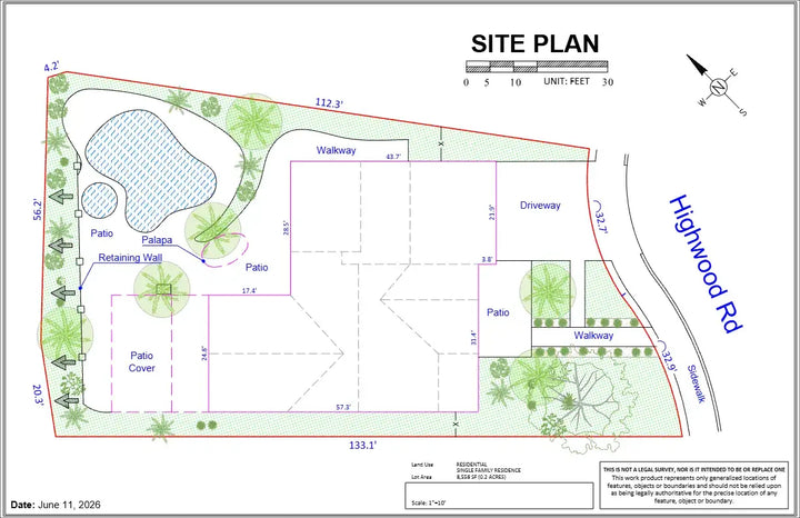 Detailed site plan for a residential property showing patios walkways and pond dimensions in a detailed residential site layout