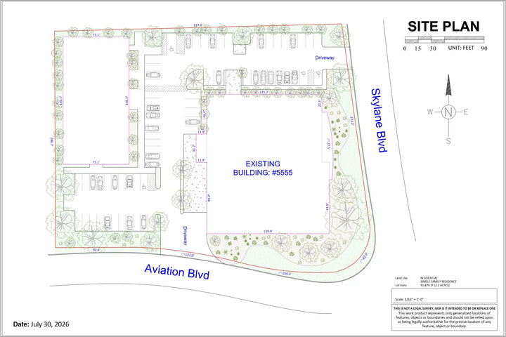 Site plan of commercial property 5555 at skyline blvd and aviation blvd showing parking landscaping and zoning boundaries