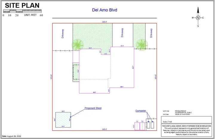 Medium site plan showing detailed dimensions and labeled features for property on del amo blvd in site plans collection
