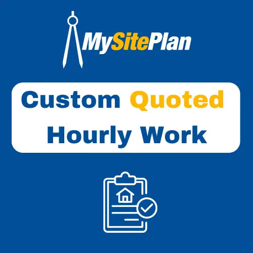 Mysiteplan logo with white compass icon and text custom quoted hourly work on blue background for hourly custom work site plan